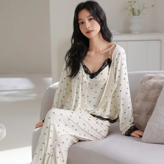 桔内 秋季纯棉带胸垫性感甜美三件套可外穿家居服睡衣套装 女款