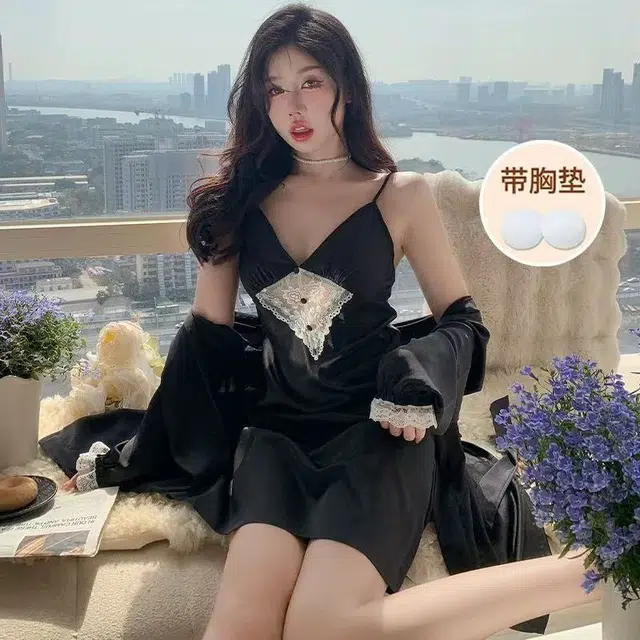 桔内 性感薄款无袖吊带露背带胸垫睡裙 女款 礼袋装 黑色