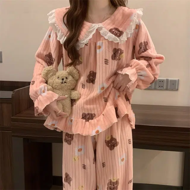 桔内 甜美风花边娃娃领可爱卡通小熊加厚保暖套头长袖睡衣套装 女款