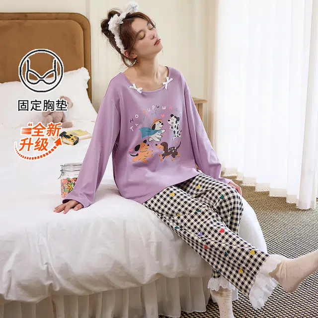 桔内 秋季纯棉可爱卡通格子带胸垫简约宽松家居服可外穿 睡衣套装 女款