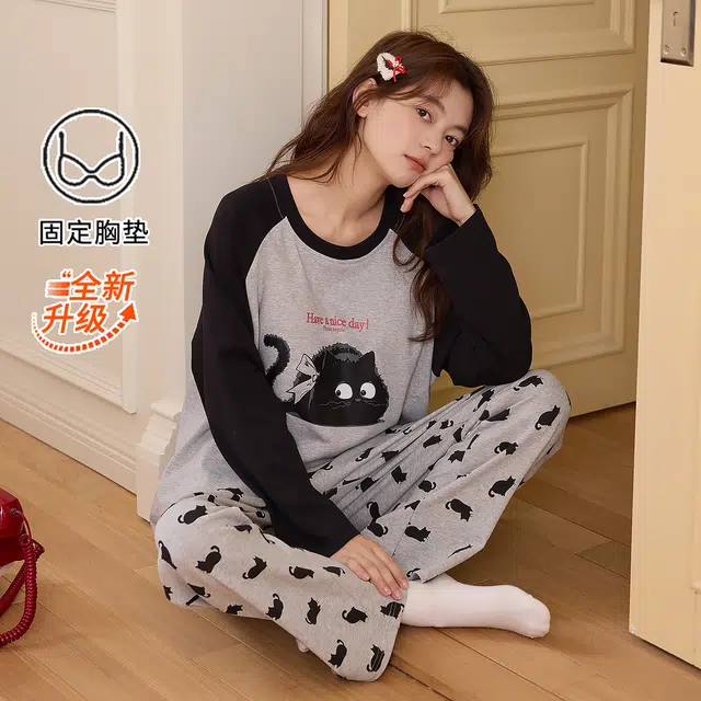 桔内 秋季纯棉自带胸垫可爱卡通猫咪可外穿家居服睡衣套装 女款