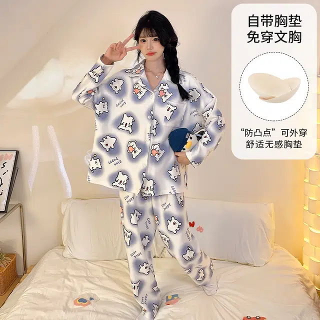 桔内 秋季纯棉带胸垫可爱卡通宽松可外穿家居服 睡衣套装 女款