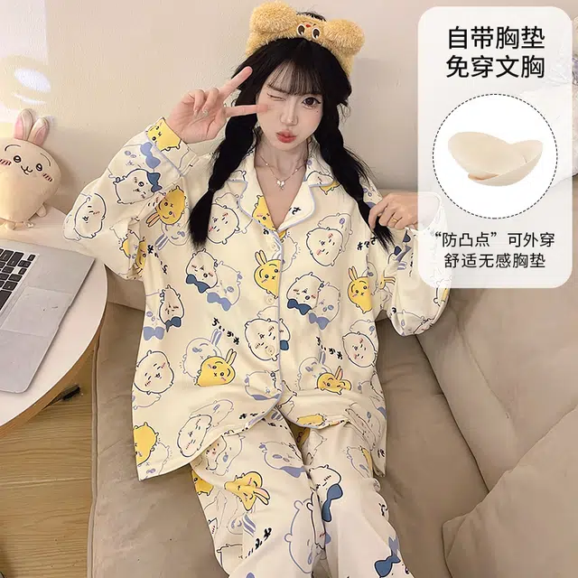 桔内 秋季纯棉卡通甜美舒适休闲带胸垫可外穿家居服 睡衣套装 女款
