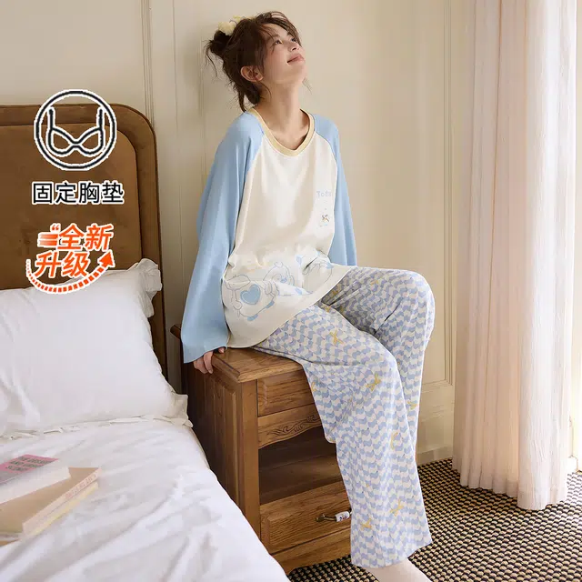 桔内 纯棉可爱卡通长袖带胸垫可外穿家居休闲服 睡衣套装 女款
