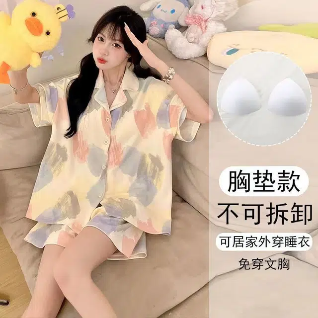 桔内 甜美带胸垫可外穿短袖上衣家居服三分裤睡衣套装 女款