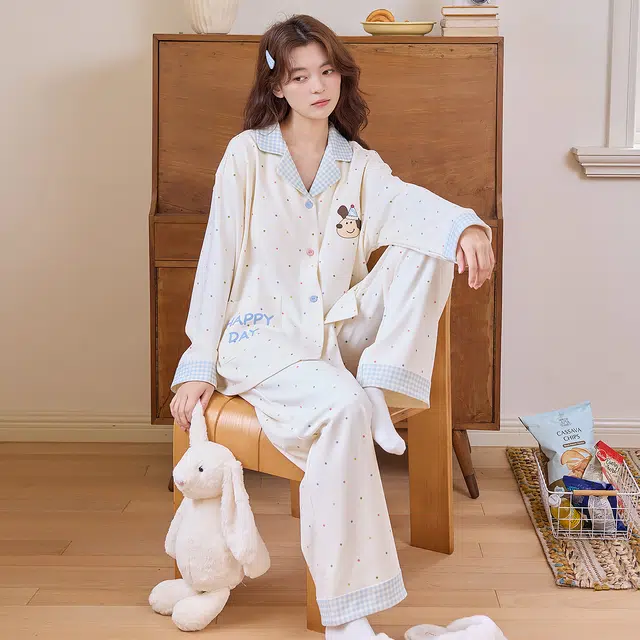 桔内 秋季纯棉长袖翻领开衫可爱波点可外穿家居服睡衣套装 女款