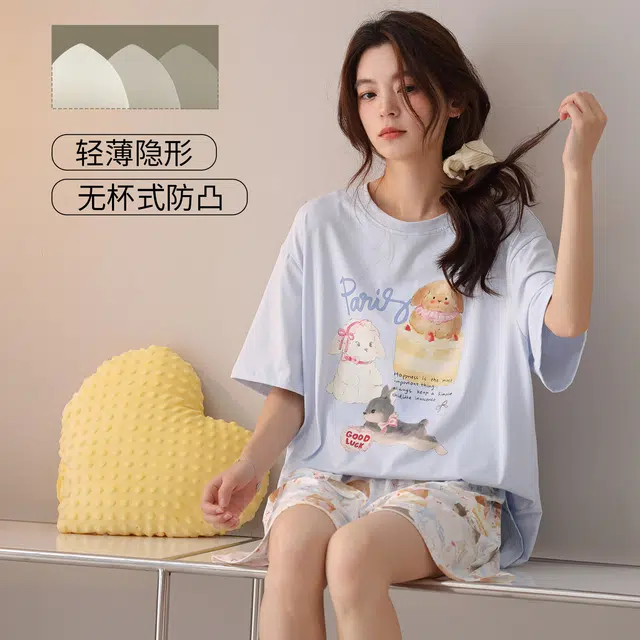 桔内 纯棉夏季薄款短袖短裤卡通夏款少女甜美可爱风家居服睡衣套装 女款