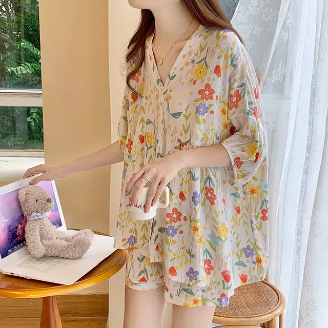 桔内 短袖短裤薄款开衫宽松可爱大码速干可外穿睡衣套装 女款