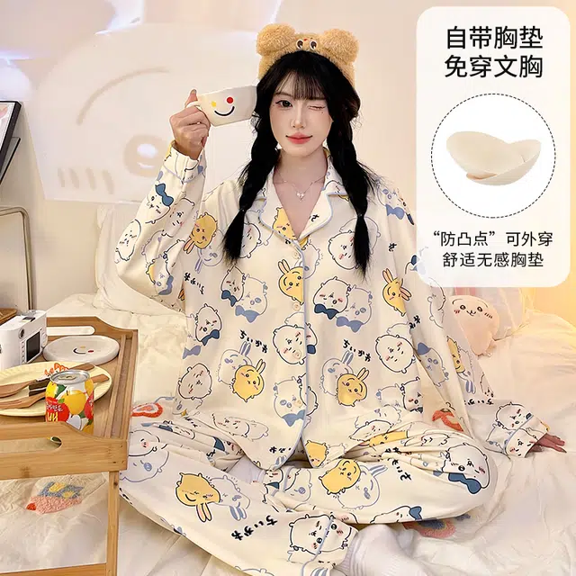桔内 秋季纯棉卡通甜美舒适休闲带胸垫可外穿家居服 睡衣套装 女款