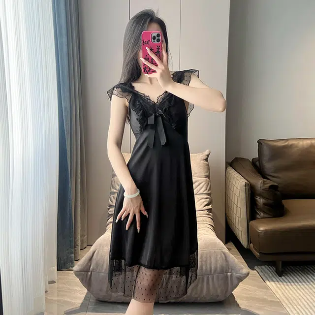 桔内 纯欲薄款带胸垫镂空无袖吊带中长款家居服睡裙 女款 礼袋装