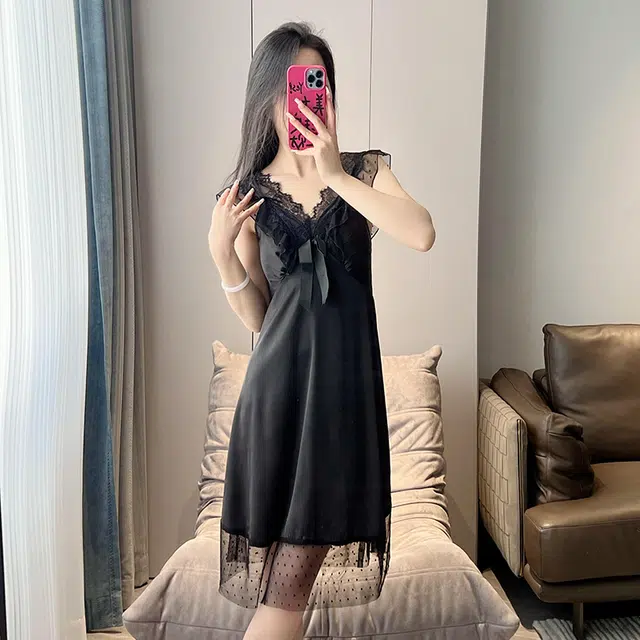桔内 纯欲薄款带胸垫镂空无袖吊带中长款家居服睡裙 女款 礼袋装