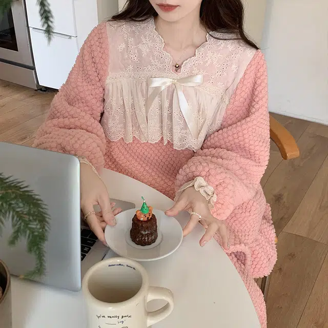 桔内 亲肤舒适保暖加厚长袖长裤家居服睡衣套装 女款 粉色甜心