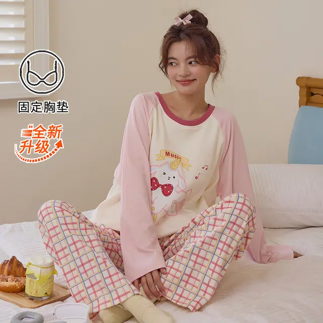 桔内 秋季纯棉带胸垫可爱甜美公主风宽松舒适休闲可外穿家居服 睡衣套装 女款