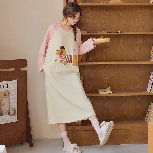 桔内 纯棉长裙长袖带胸垫可外穿卡通可爱甜美少女休闲舒适 睡裙 女款