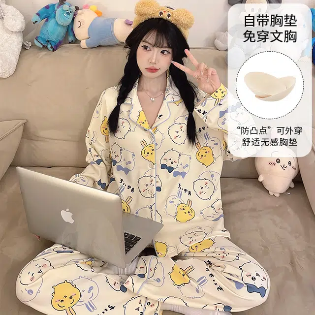 桔内 秋季纯棉卡通甜美舒适休闲带胸垫可外穿家居服 睡衣套装 女款