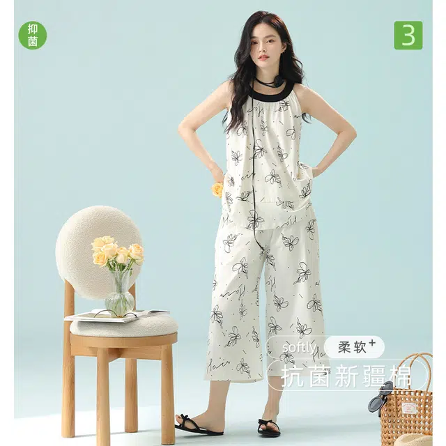 桔内 高级简约蝴蝶甜美无袖家居服透气亲肤睡裤可外穿睡衣套装 女款