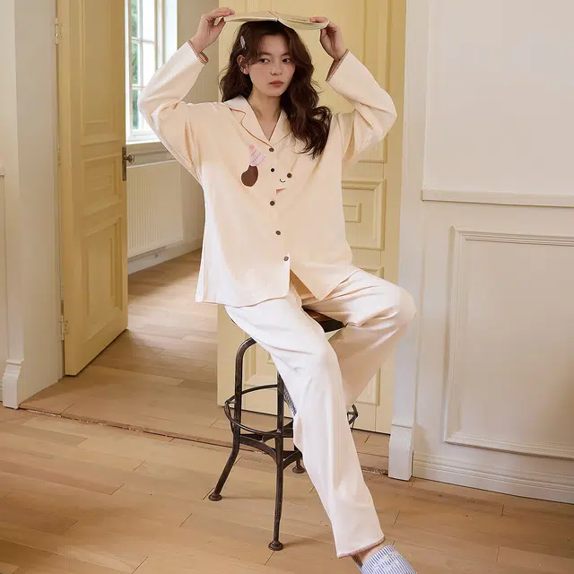 桔内 秋季纯棉甜美少女翻领开衫设计感家居服睡衣套装 女款