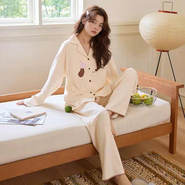 桔内 秋季纯棉甜美少女翻领开衫设计感家居服睡衣套装 女款