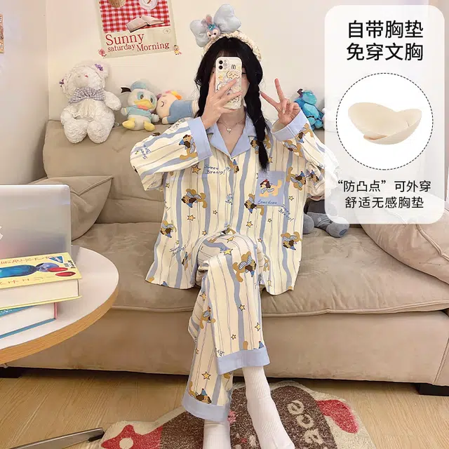 桔内 秋季棉质长袖卡通可爱甜美宽松舒适家居服 睡衣套装 女款