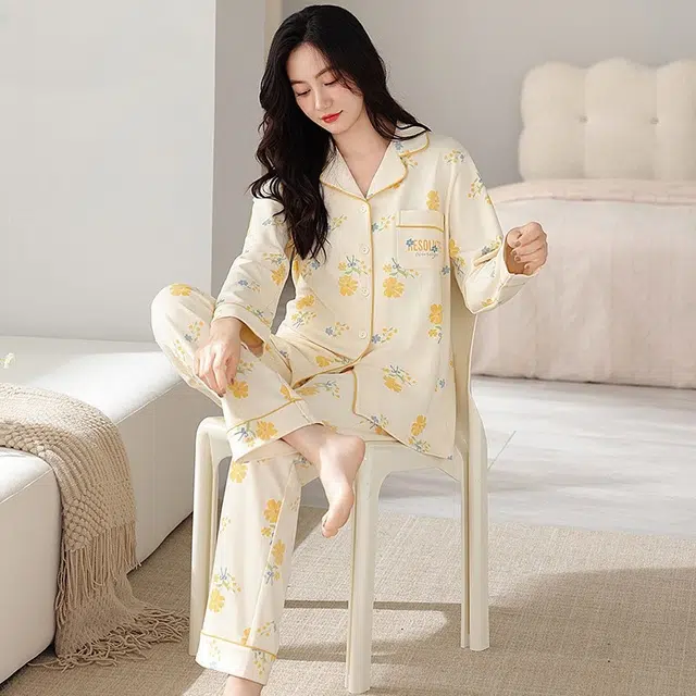 桔内 女士纯棉秋冬长袖简约开衫印花休闲全棉家居服睡衣套装 女款