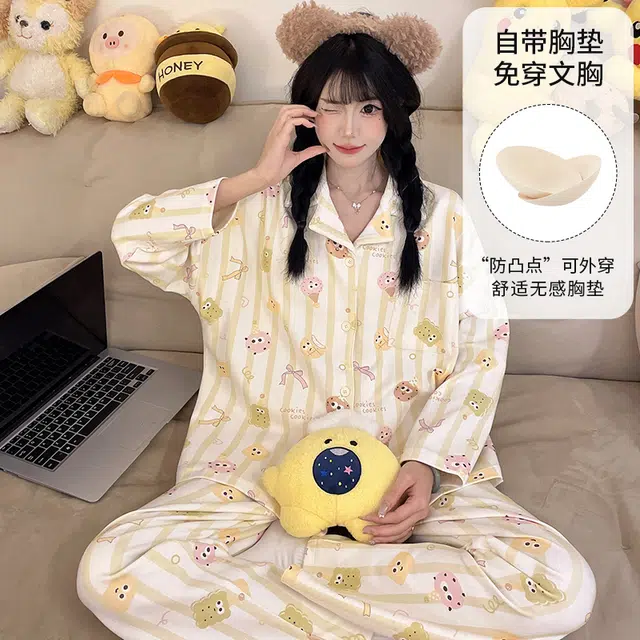 桔内 带胸垫长袖条纹可爱一体式可外穿家居服睡衣套装 女款