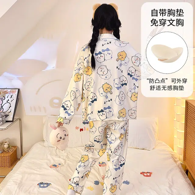 桔内 秋季纯棉卡通甜美舒适休闲带胸垫可外穿家居服 睡衣套装 女款