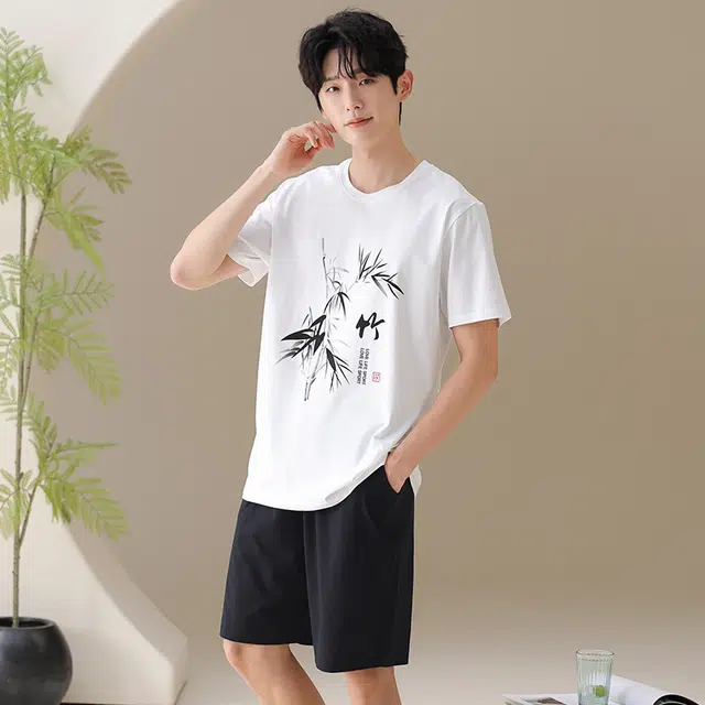 桔内 简约时尚薄款短袖短裤潮流国风竹子印花家居服可外穿休闲柔软亲肤透气吸汗睡衣套装 男款
