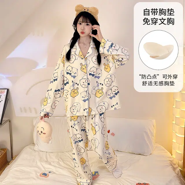 桔内 秋季纯棉卡通甜美舒适休闲带胸垫可外穿家居服 睡衣套装 女款