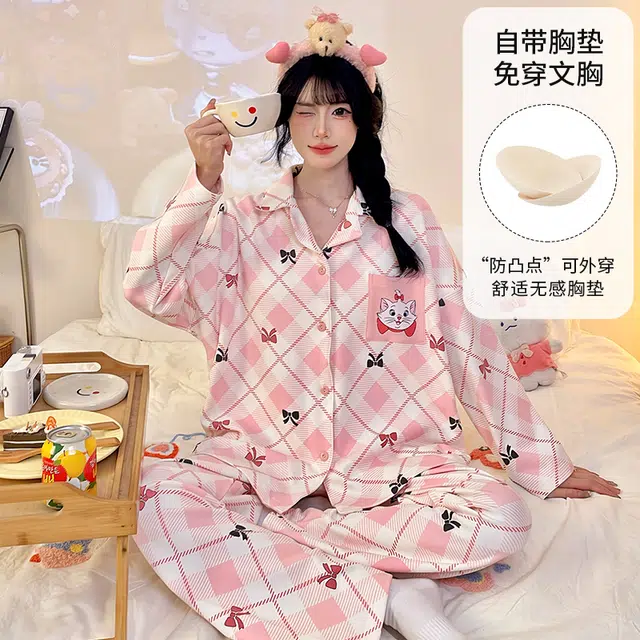 桔内 秋季纯棉卡通甜美可爱粉色少女一体式胸垫可外穿家居服 睡衣套装 女款