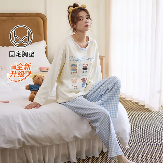 桔内 秋季纯棉可爱小熊带胸垫宽松舒适可外穿家居服 睡衣套装 女款