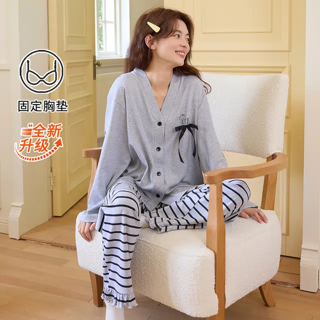 桔内 秋季纯棉开衫带胸垫蝴蝶结条纹家居服 睡衣套装 女款