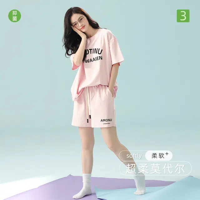 桔内 柔软舒适可外穿轻运动短袖轻薄透气家居服三分裤睡衣套装 女款