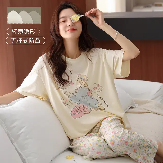 桔内 自带胸垫纯棉短袖长裤夏款全棉圆领舒适甜美薄款家居服睡衣套装 女款