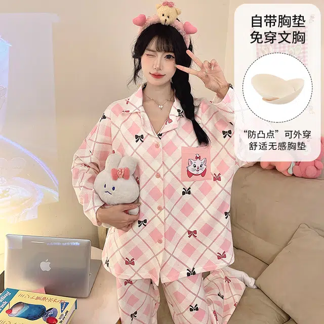 桔内 秋季纯棉卡通甜美可爱粉色少女一体式胸垫可外穿家居服 睡衣套装 女款
