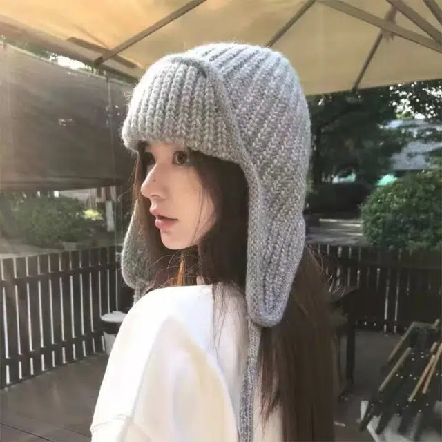 北极绒 日系纯色保暖护耳针织帽秋冬绑带毛线韩版百搭加厚长带子 聚酯纤维 绒线帽 男女同款情侣款