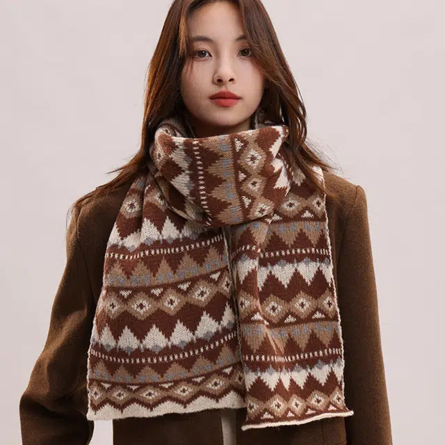 北极绒 费尔岛风新年红色冬季复古百搭保暖加厚针织可爱 绒线围巾 男女同款情侣款