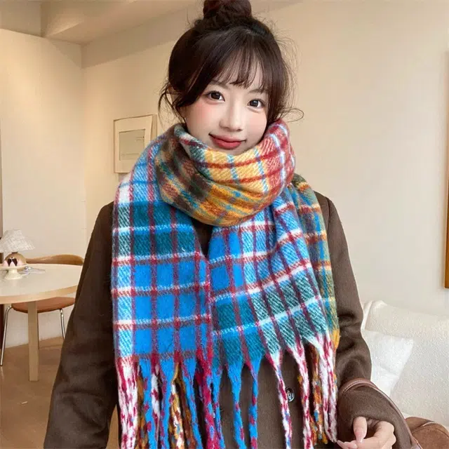 北极绒 彩虹格子流苏冬季新款韩版百搭保暖围脖披肩两用加厚 聚酯纤维 绒线围巾 男女同款情侣款