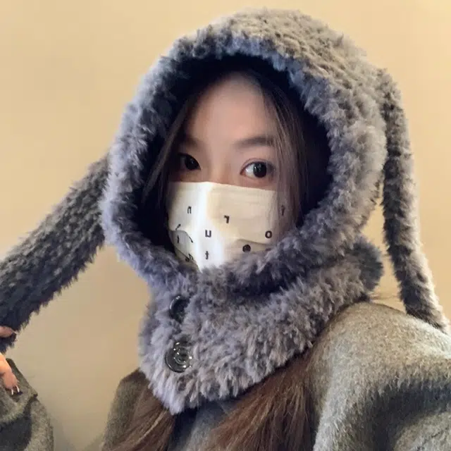 北极绒 可爱兔子耳朵巴拉克拉法帽秋冬季新款加厚防寒保暖毛绒 聚酯纤维 帽子 男女同款情侣款