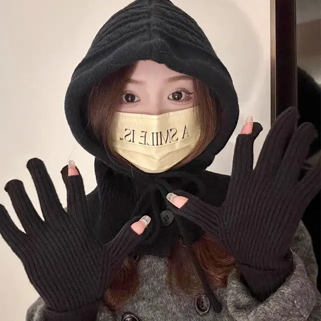 北极绒 毛线针织巴拉克拉法帽围脖一体秋冬天护颈保暖时髦二合一两件套 腈纶 绒线帽 男女同款情侣款