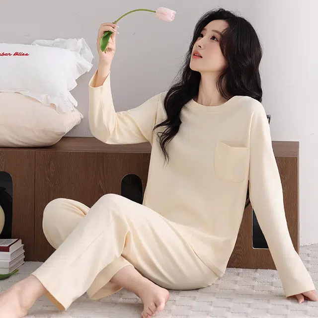 芬腾可安 春秋纯棉宽松显瘦简约透气遮肉外出可穿家居服睡衣套装 女款