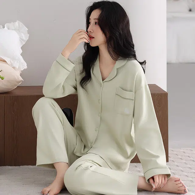 芬腾可安 春秋纯棉宽松舒适经典简约遮肉显瘦开衫外出可穿家居服睡衣套装 女款