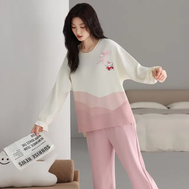 芬腾可安 春秋情侣款纯棉少女感带胸垫防凸点家居服外出可穿睡衣套装 女款