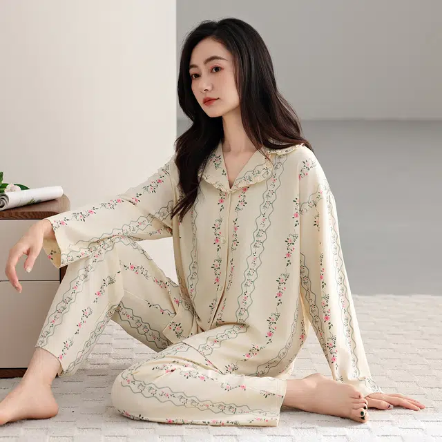 芬腾可安 春秋设计感柔软亲肤翻领开衫简约纯棉优雅时尚家居服睡衣套装 女款