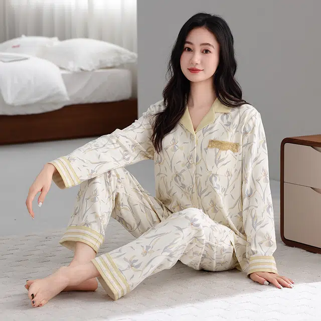 芬腾可安 纯棉外出可穿设计慵懒感少女开衫春秋休闲家居服睡衣套装 女款