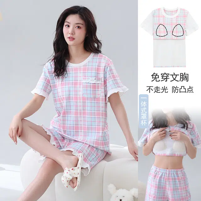 芬腾可安 可外穿的带胸垫一体式慵懒休闲少女时尚亲肤百搭显瘦舒适柔软细腻无束缚短袖短裤家居服睡衣套装 女款