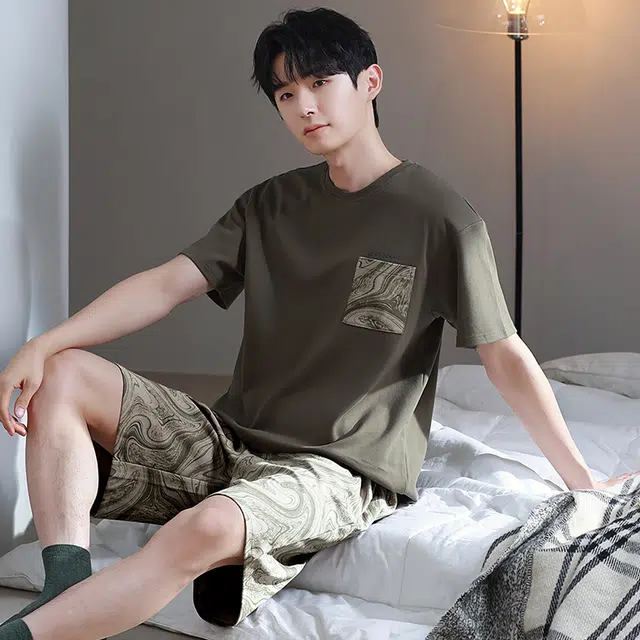 芬腾可安 薄款可外穿透气时尚简约舒适轻盈细腻家居服睡衣套装 男款 橄榄色