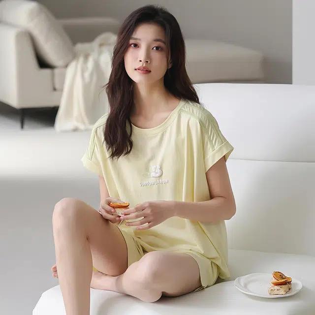 芬腾可安 春夏季韩版气质细腻亲肤柔软甜美微弹舒适圆领透气显瘦宽松大学生宿舍外出都可穿的家居服睡衣套装 女款