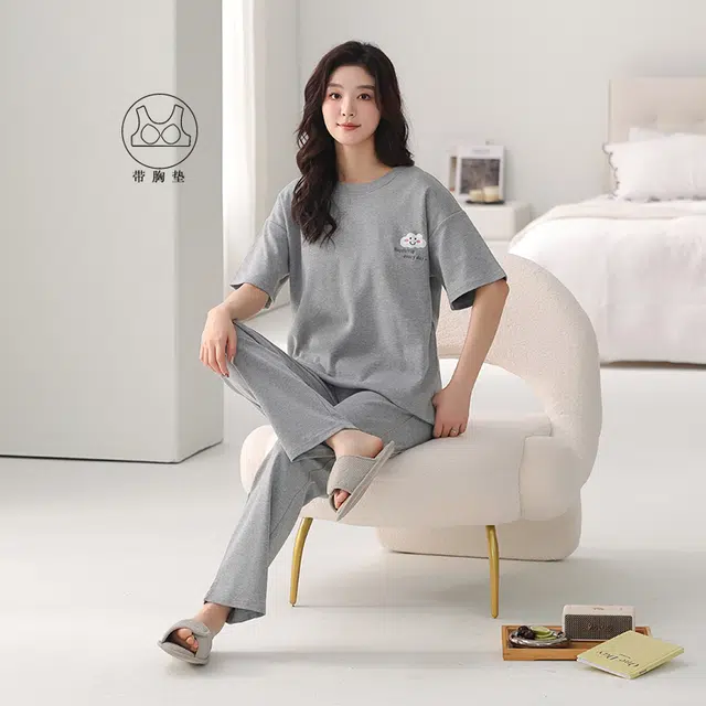 芬腾可安 韩版时尚休闲亲肤简约带胸垫短袖长裤家居服可外穿睡衣套装 女款 灰色