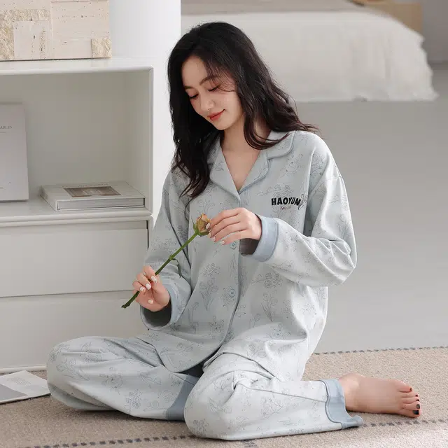 芬腾可安 春秋设计感柔软亲肤翻领纯棉优雅开衫简约时尚家居服睡衣套装 女款