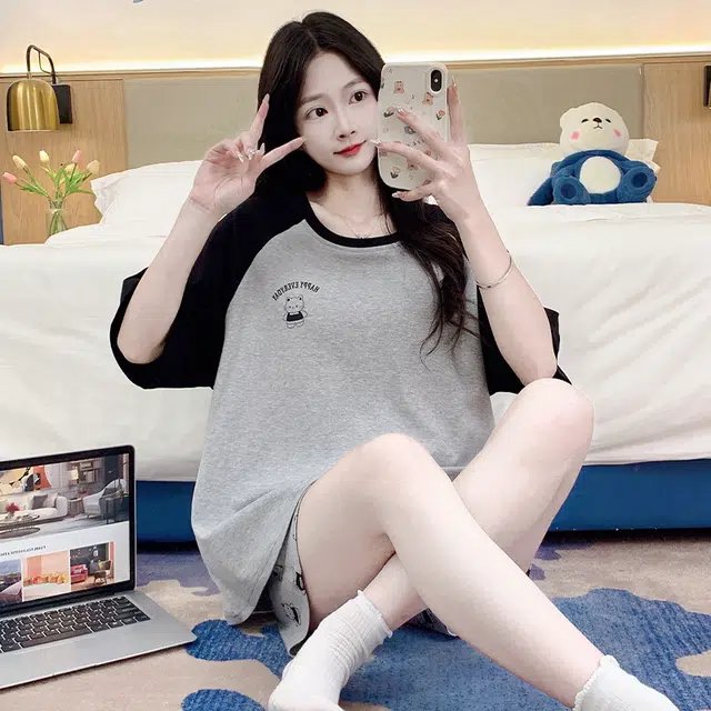 芬腾可安 可外穿圆领轻便带胸垫一体式甜美柔软设计感亲肤简约亲肤大学生家居服睡衣套装 女款
